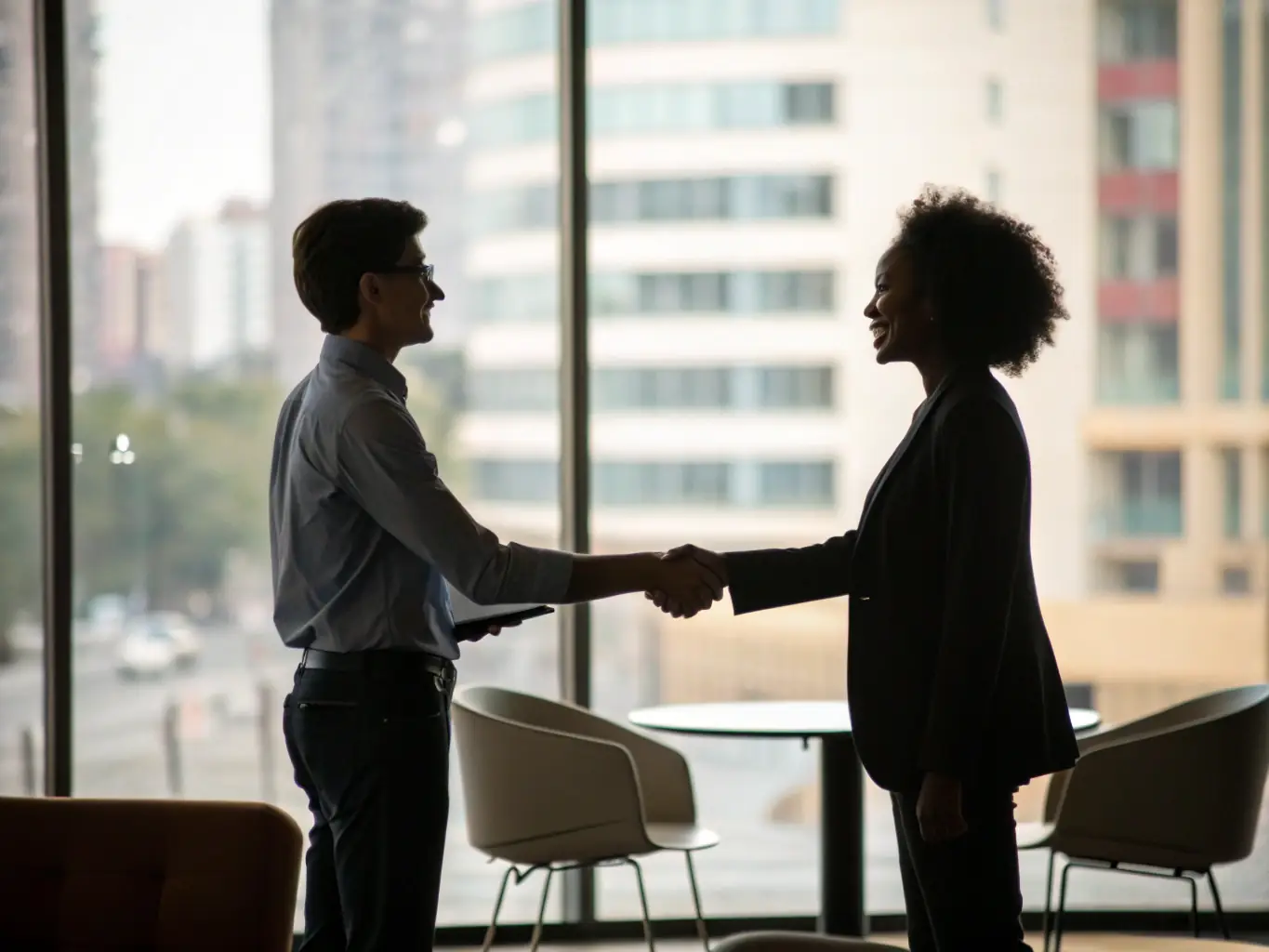 A close-up of two business professionals shaking hands over a private equity agreement, with financial documents and a laptop on the table, set in a corporate boardroom.