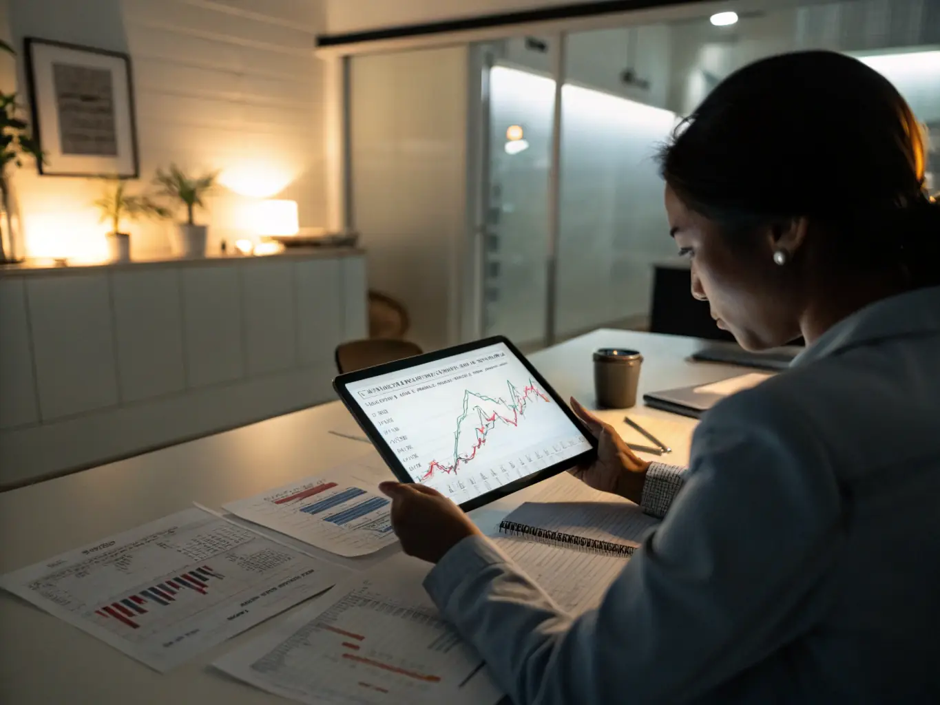 A professional financial advisor in a navy suit reviewing digital investment charts and diversified portfolios on a tablet, set in a modern office with subtle blue and orange accents reflecting Towayer Holdings LLC branding.