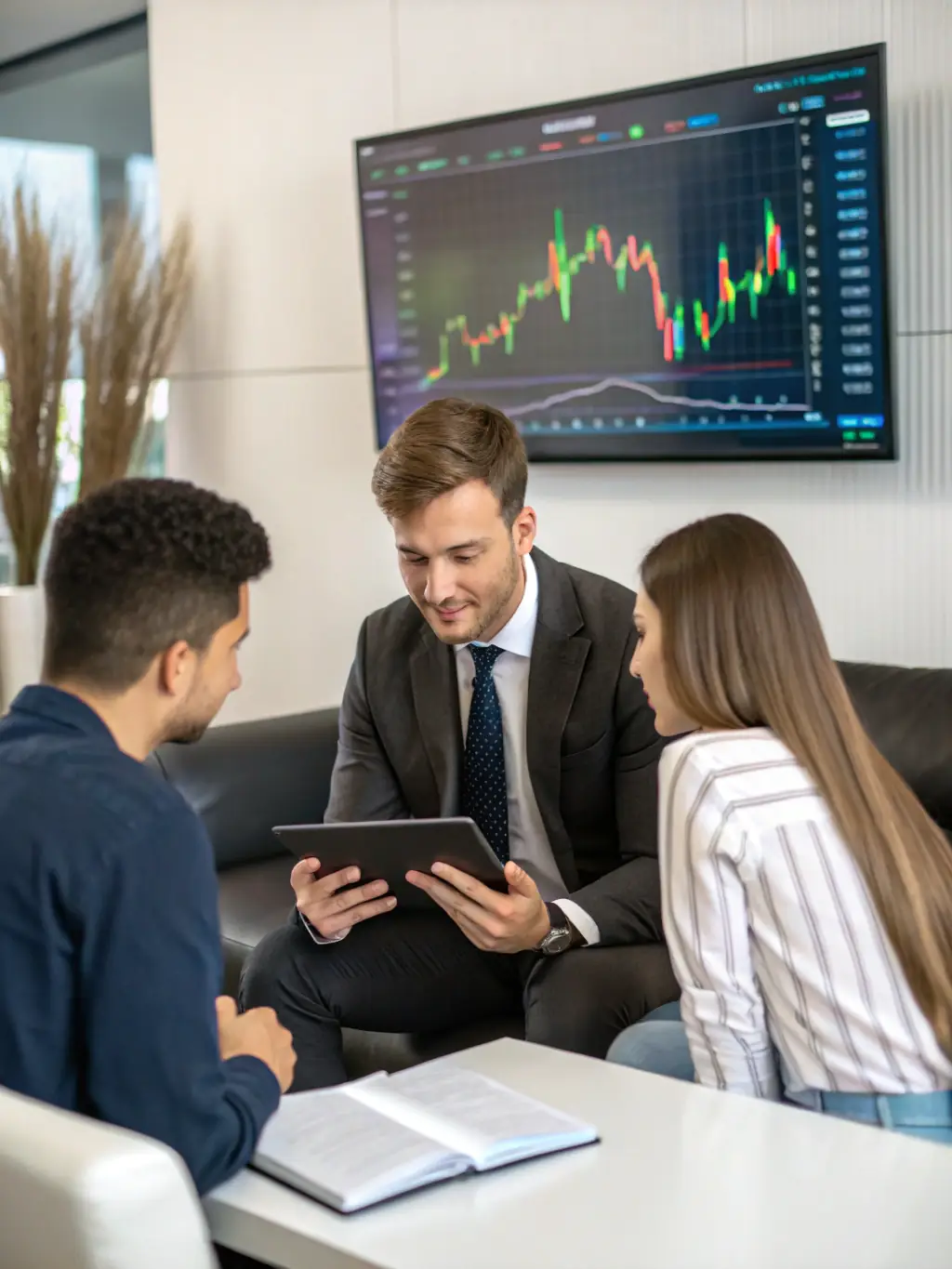 A confident financial advisor in a navy suit, reviewing a customized investment plan with a client in a modern office, emphasizing professionalism and trust.